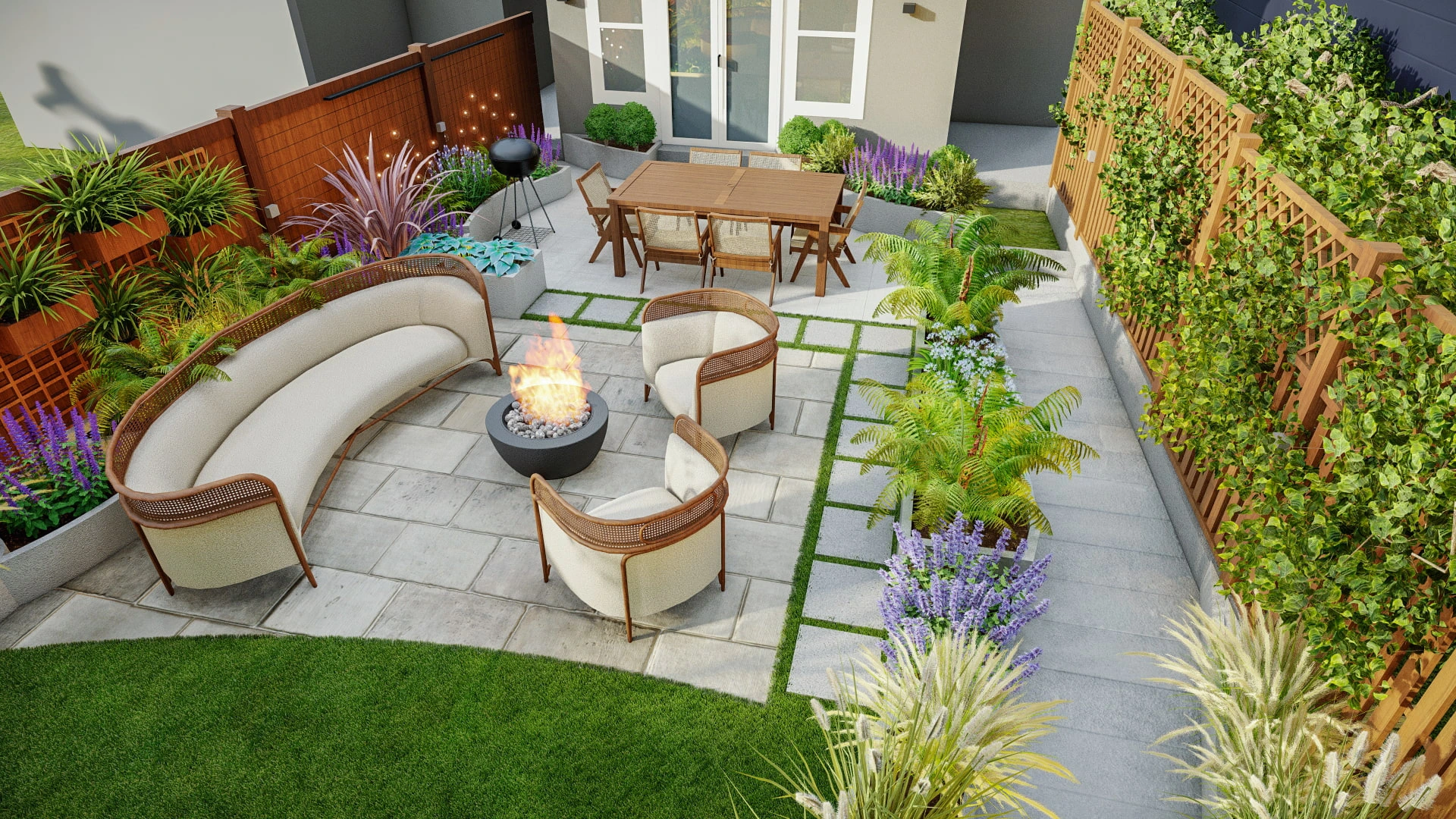 Safe and comfortable outdoor living space with fire pit and plush seating
